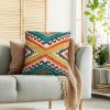 DunaWest 18 x 18 Square Cotton Accent Throw Pillow, Aztec Tribal Inspired Pattern, Trimmed Fringes, Multicolor