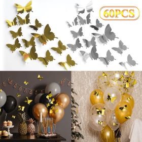 60PCS 3D Butterfly Wall Stickers Mirror Butterfly Wall Decals Set Removable (Color: Silver)
