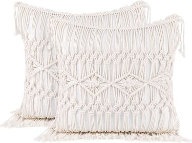 Boho Macrame Pillow Cover 18 x 18 Inches 2PCS Throw Pillowcase Hand Knit Cream Decorative Cushion Case with Tassel for Sofa Couch Chair Bed (style: Striped)