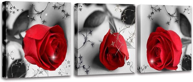 Rose Flower on Black White Canvas For Home Wall Art Decor, 3 Panels Modern Romantic Floral Framed Bedroom Decoration (Color: Red)